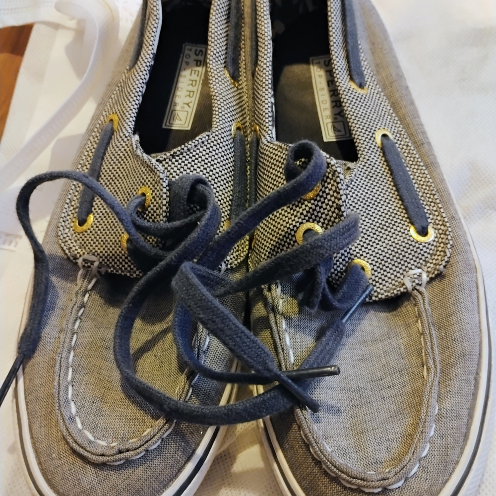 Sperry Gray Canvas Boat Shoes with Dark Blue Laces